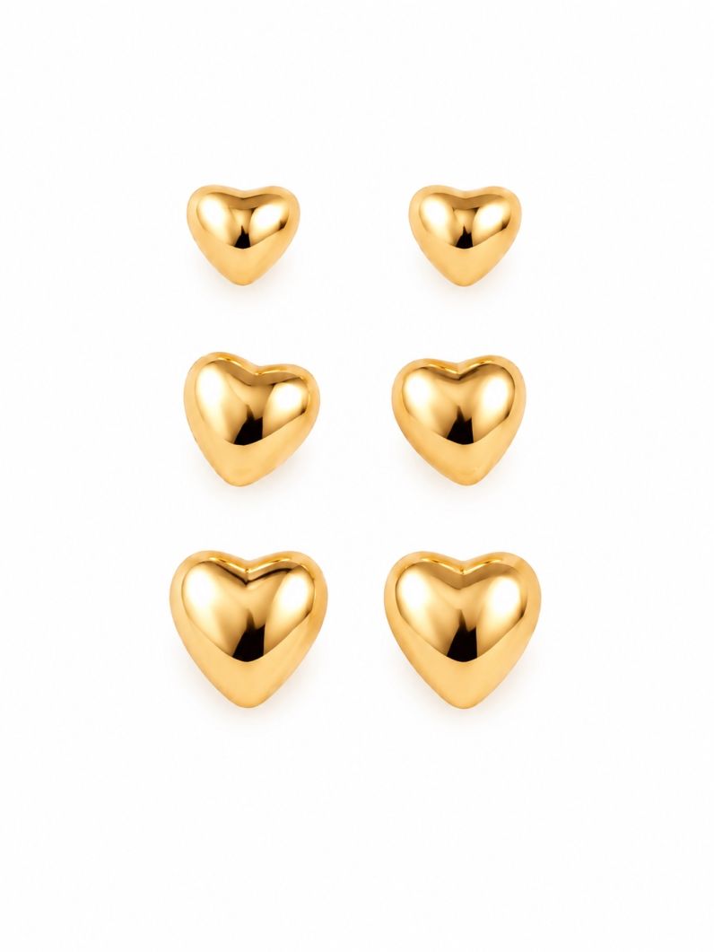 Trio de Brinco Folheado a Ouro 18k e Prata Corações Lisos