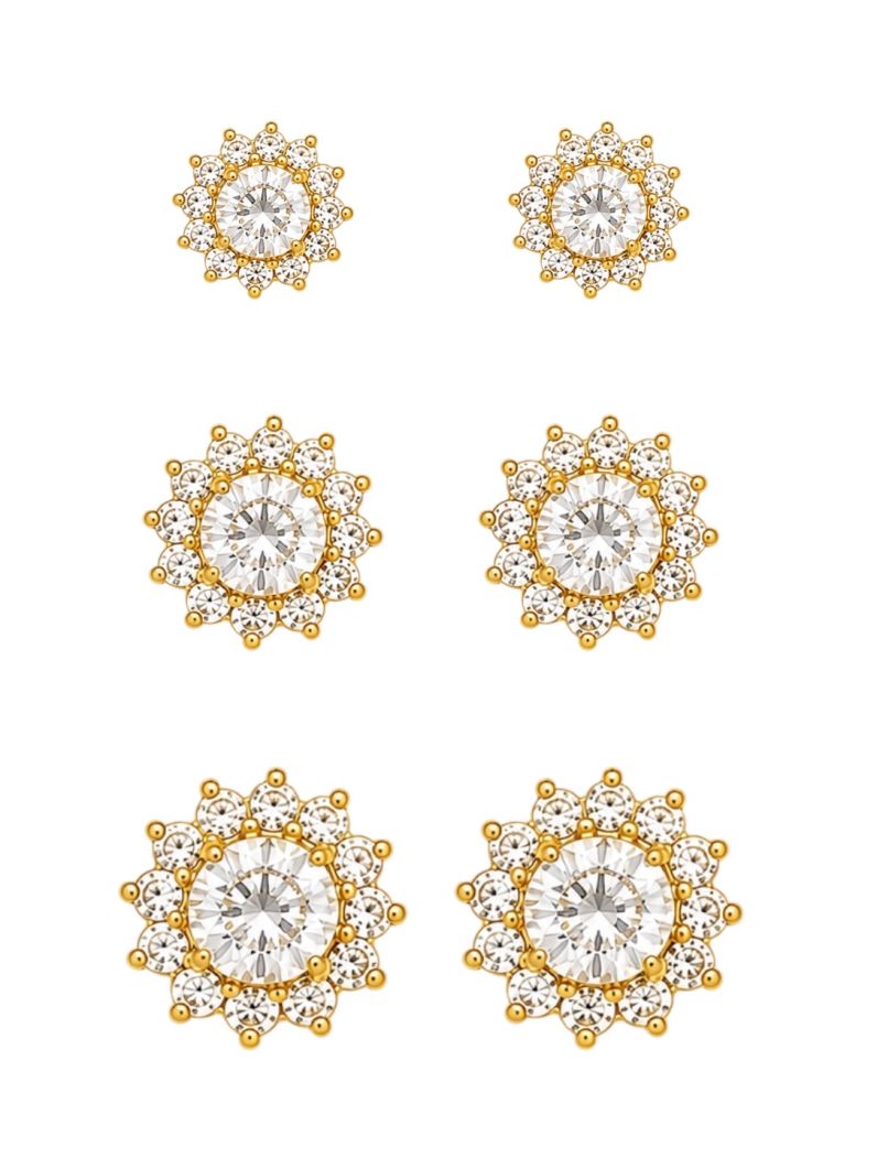 Trio de Brinco Folheado a Ouro 18k e Prata Cristal Com Zircônias