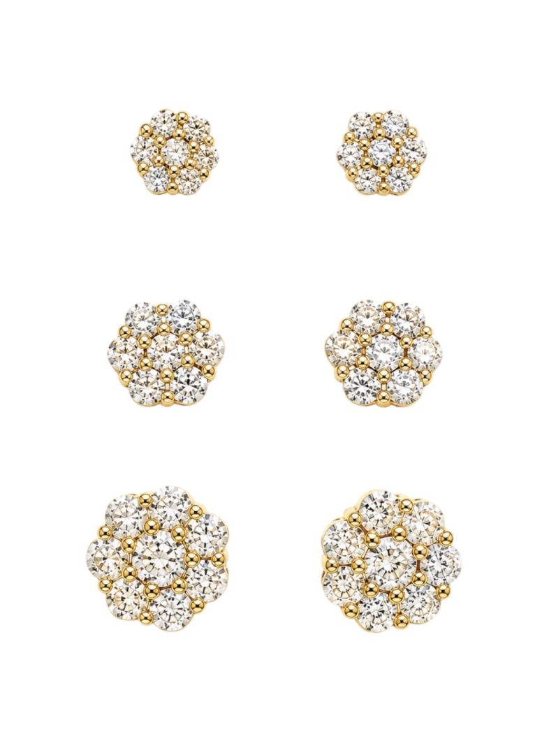 Trio de Brinco Folheado a Ouro 18k e Prata Design Flor Cravejada