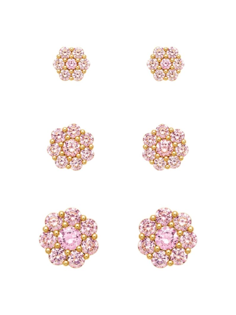 Trio de Brinco Folheado a Ouro 18k e Prata Design Flor Cravejada