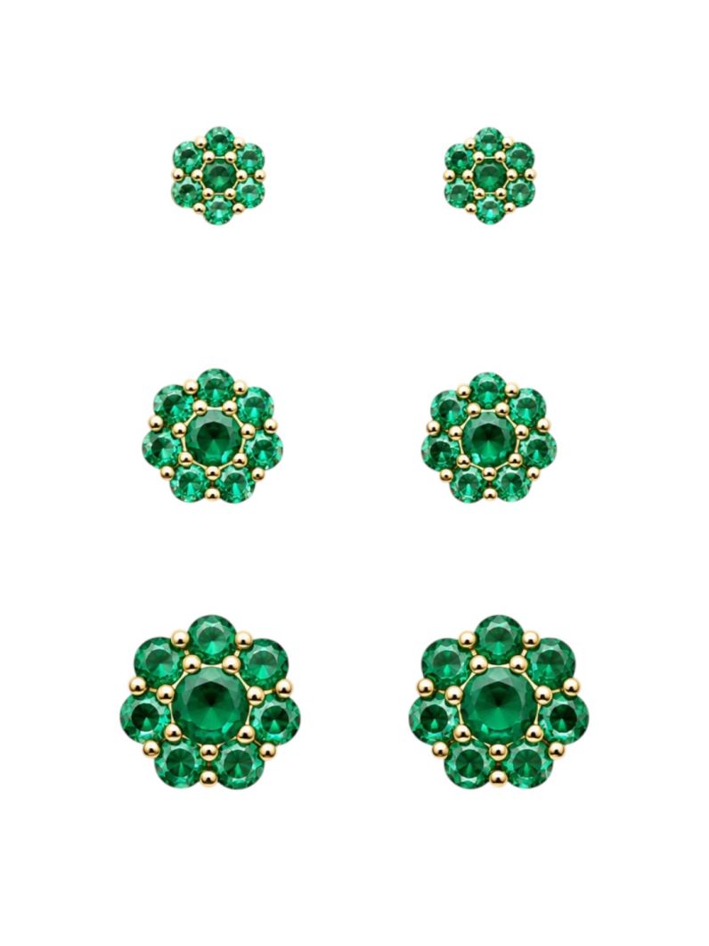 Trio de Brinco Folheado a Ouro 18k e Prata Design Flor Cravejada