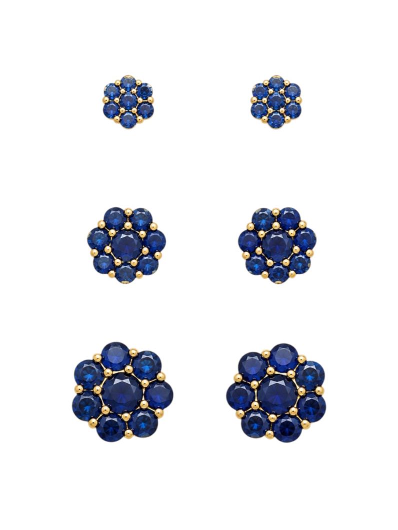 Trio de Brinco Folheado a Ouro 18k e Prata Design Flor Cravejada