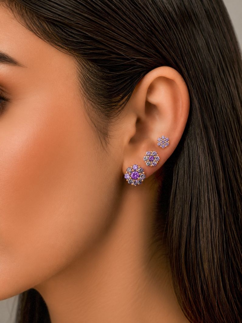 Trio de Brinco Folheado a Ouro 18k e Prata Design Flor Cravejada