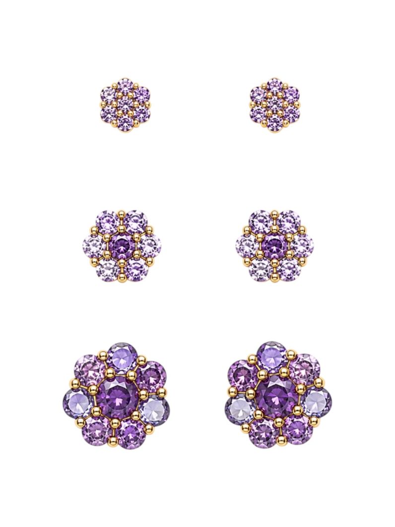 Trio de Brinco Folheado a Ouro 18k e Prata Design Flor Cravejada