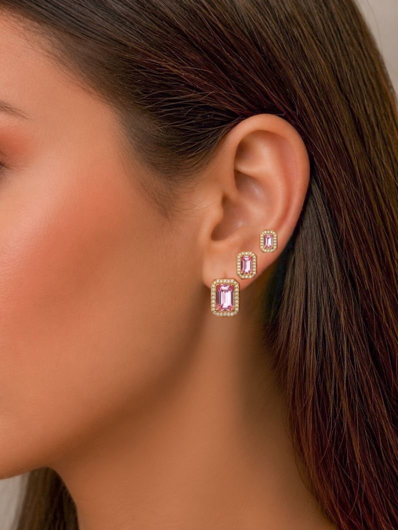 Trio de Brinco Folheado a Ouro 18k e Prata Design Quadrado Cravejado