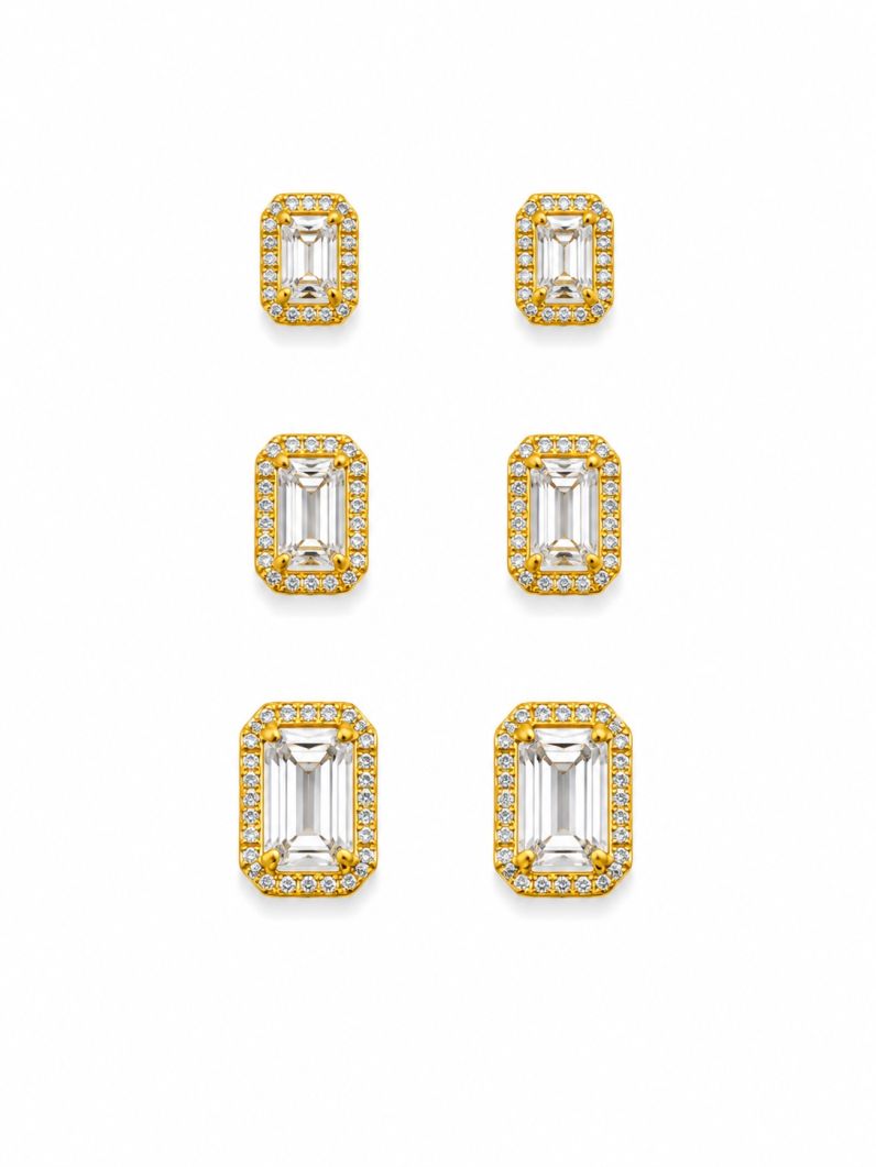 Trio de Brinco Folheado a Ouro 18k e Prata Design Quadrado Cravejado