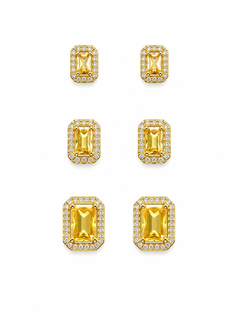 Trio de Brinco Folheado a Ouro 18k e Prata Design Quadrado Cravejado