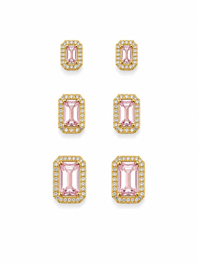 Trio de Brinco Folheado a Ouro 18k e Prata Design Quadrado Cravejado
