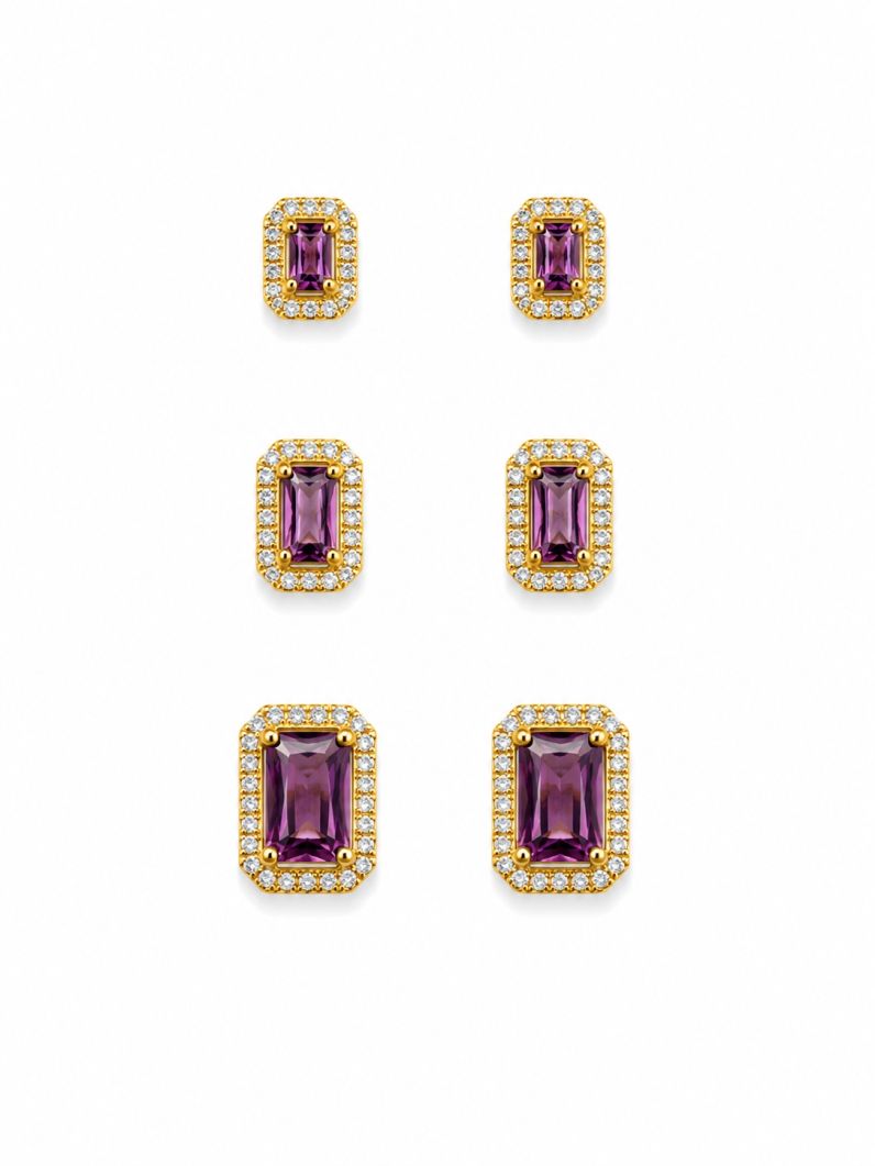 Trio de Brinco Folheado a Ouro 18k e Prata Design Quadrado Cravejado