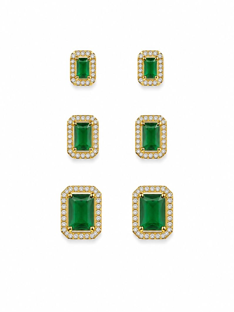 Trio de Brinco Folheado a Ouro 18k e Prata Design Quadrado Cravejado