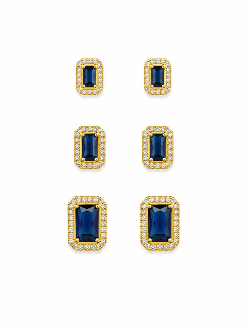 Trio de Brinco Folheado a Ouro 18k e Prata Design Quadrado Cravejado
