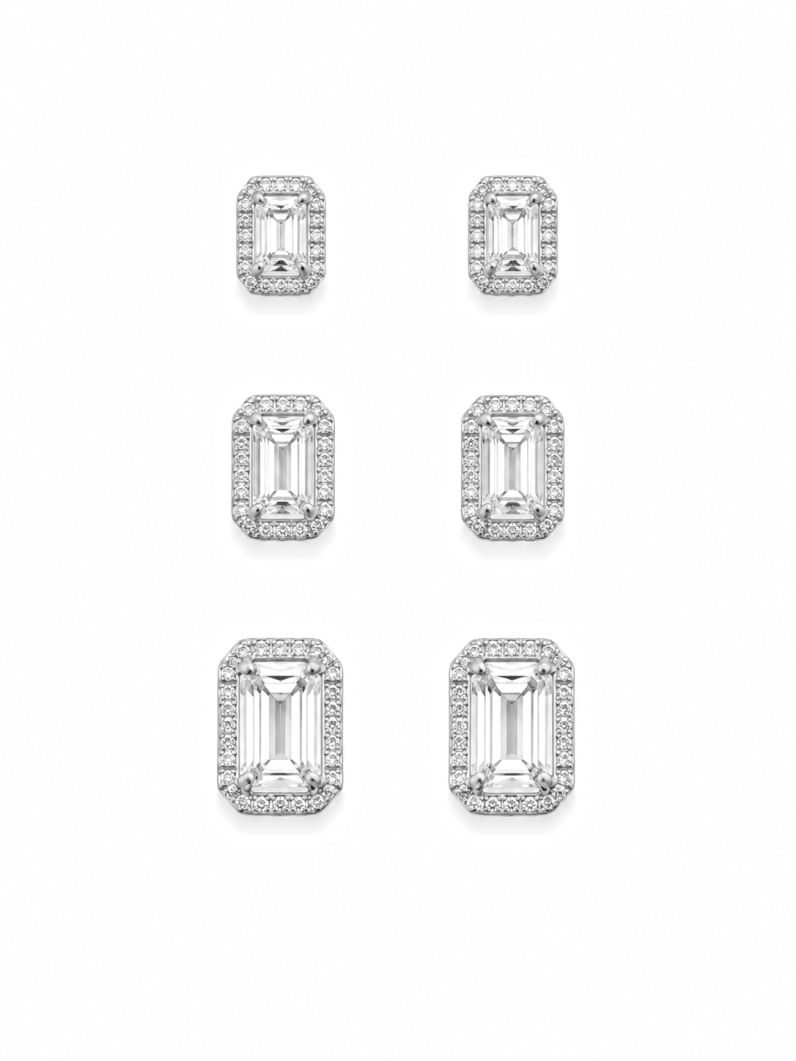 Trio de Brinco Folheado a Ouro 18k e Prata Design Quadrado Cravejado