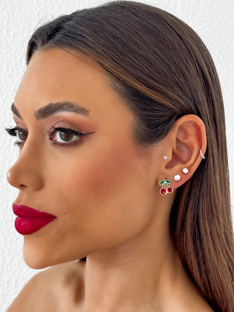 Trio de Brinco Folheado a Ouro 18k e Prata Esfera, Ponto de Luz e Cereja