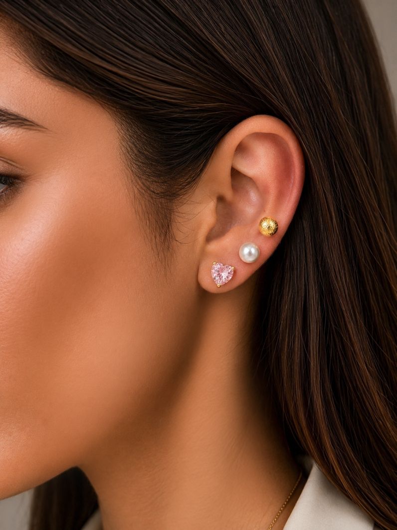 Trio de Brinco Folheado a Ouro 18k e Prata Esfera, Coração Rosa e Pérola