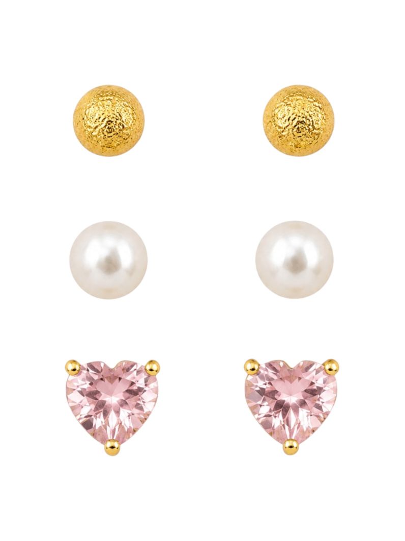 Trio de Brinco Folheado a Ouro 18k e Prata Esfera, Coração Rosa e Pérola