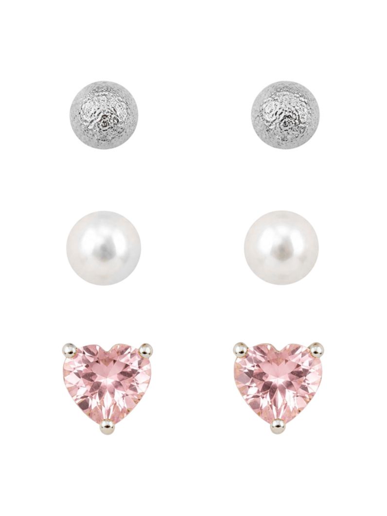 Trio de Brinco Folheado a Ouro 18k e Prata Esfera, Coração Rosa e Pérola