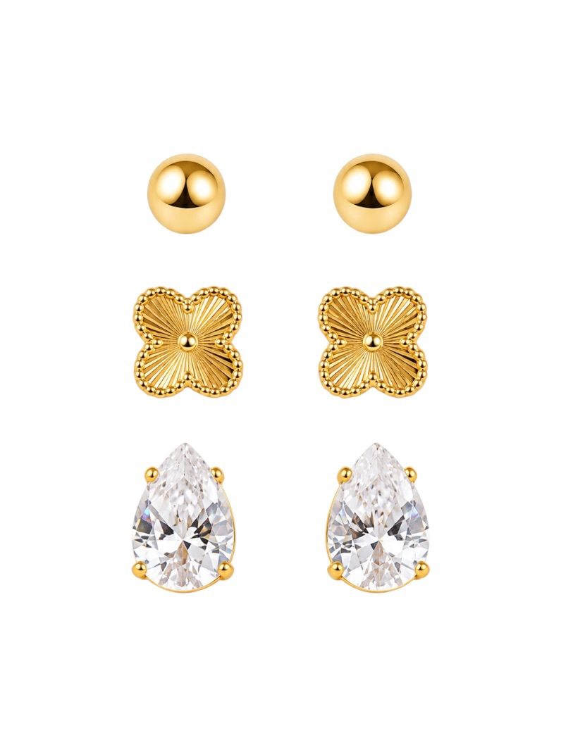 Trio de Brinco Folheado a Ouro 18k e Prata Esfera, Inspiração e Gota