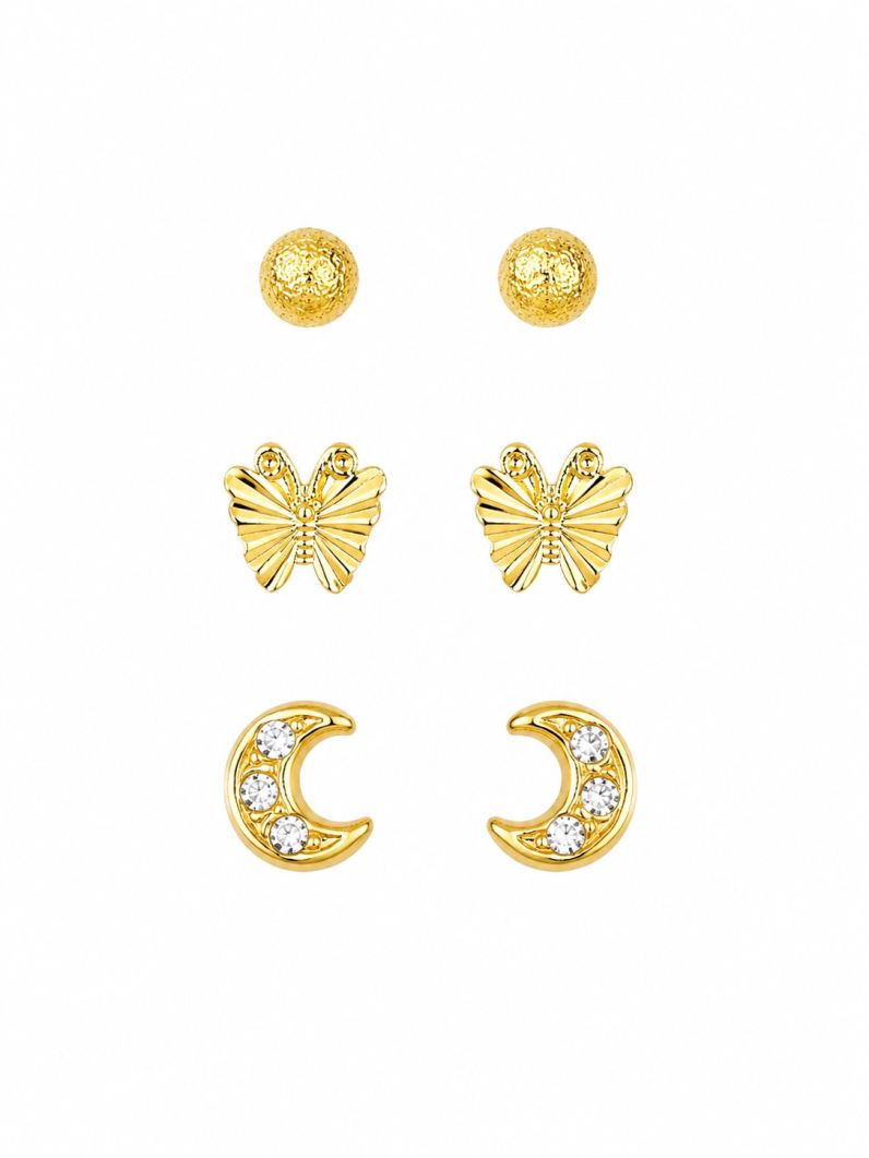 Trio de Brinco Folheado a Ouro 18k e Prata Esfera Martelada, Borboleta e Lua Cravejado