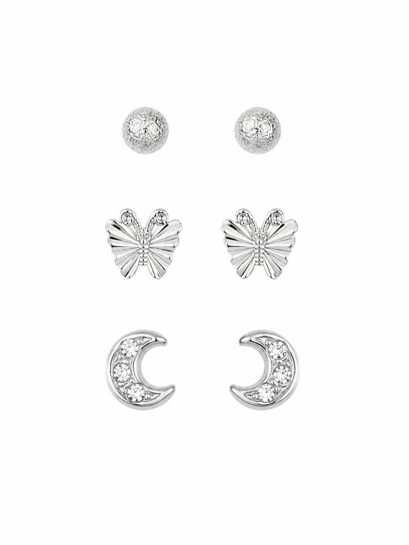 Trio de Brinco Folheado a Ouro 18k e Prata Esfera Martelada, Borboleta e Lua Cravejado