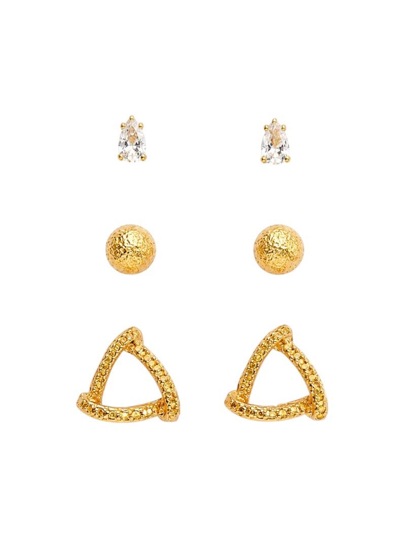 Trio de Brinco Folheado a Ouro 18k e Prata Esferas Texturizado Com Gota Cristal