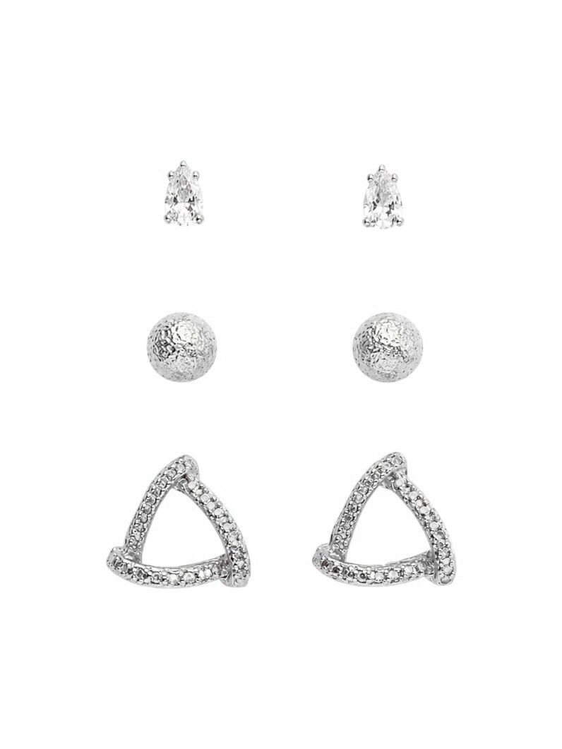 Trio de Brinco Folheado a Ouro 18k e Prata Esferas Texturizado Com Gota Cristal