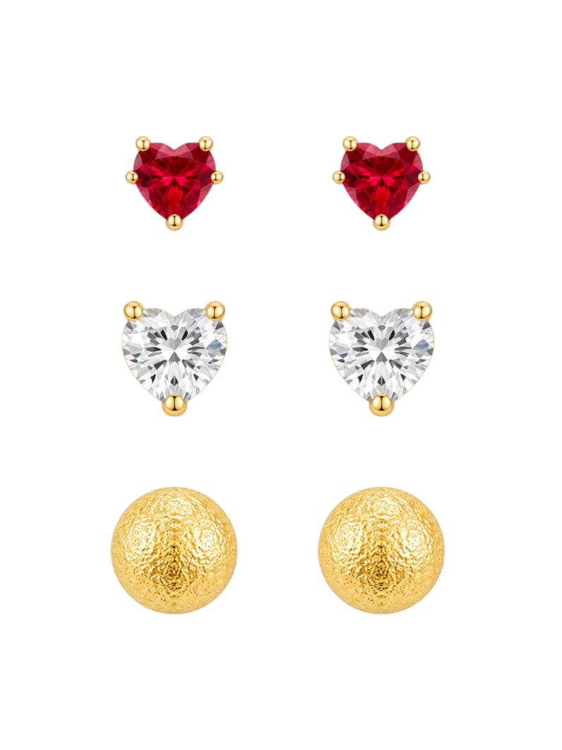 Trio de Brinco Folheado a Ouro 18k e Prata Esferas Texturizado e Corações Cristal