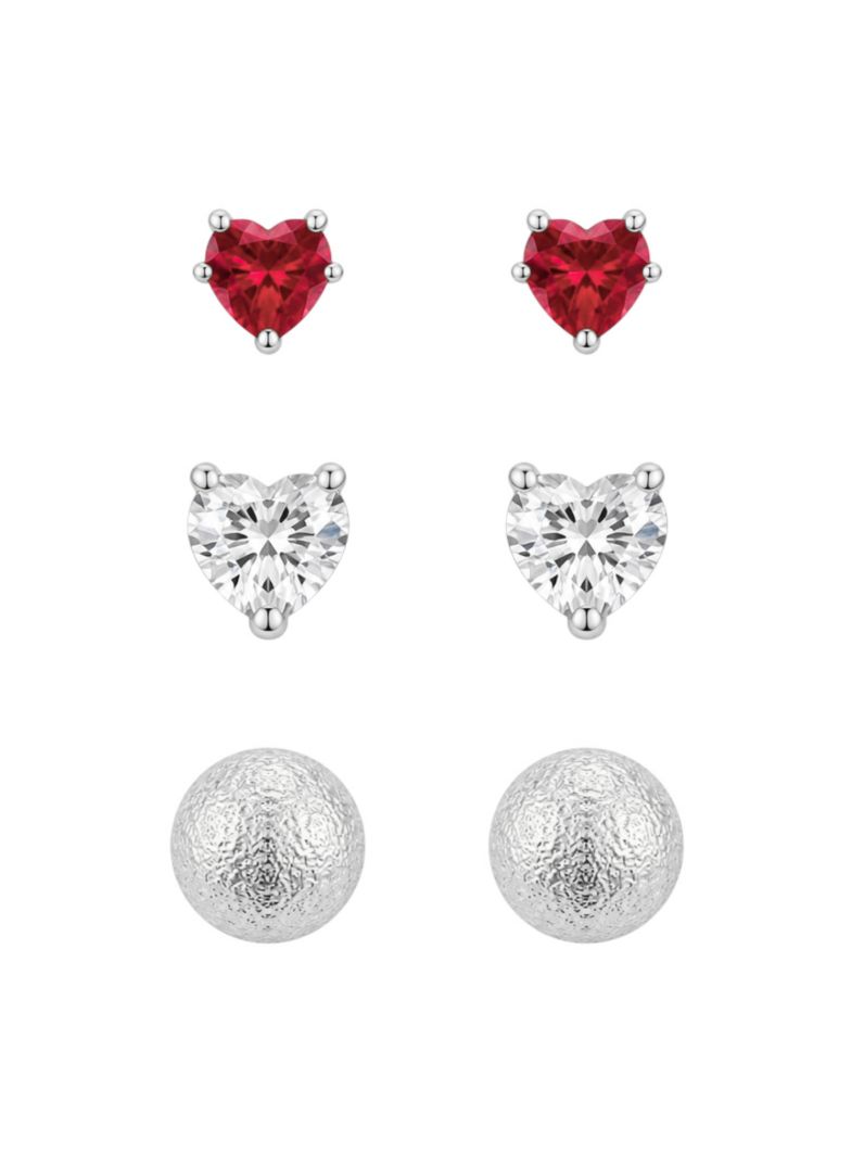 Trio de Brinco Folheado a Ouro 18k e Prata Esferas Texturizado e Corações Cristal