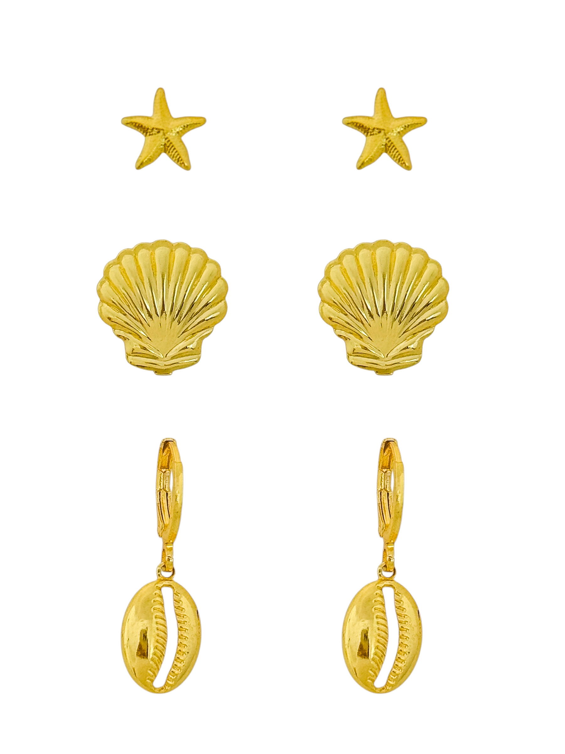 Trio de Brinco Folheado a Ouro 18k e Prata Estrela do Mar Com Conchas e Búzios