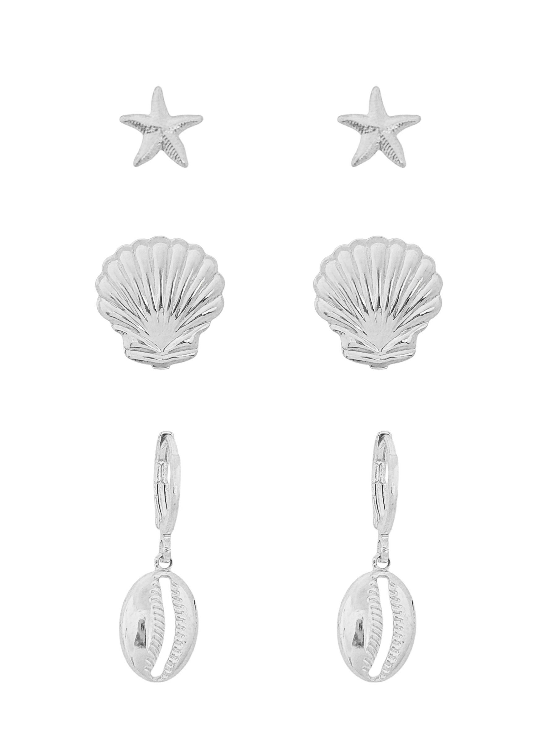 Trio de Brinco Folheado a Ouro 18k e Prata Estrela do Mar Com Conchas e Búzios