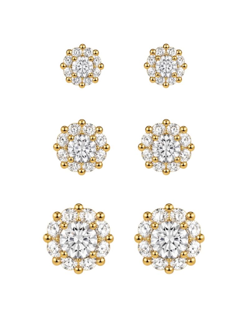 Trio de Brinco Folheado a Ouro 18k e Prata Flor Maxi de Cristais