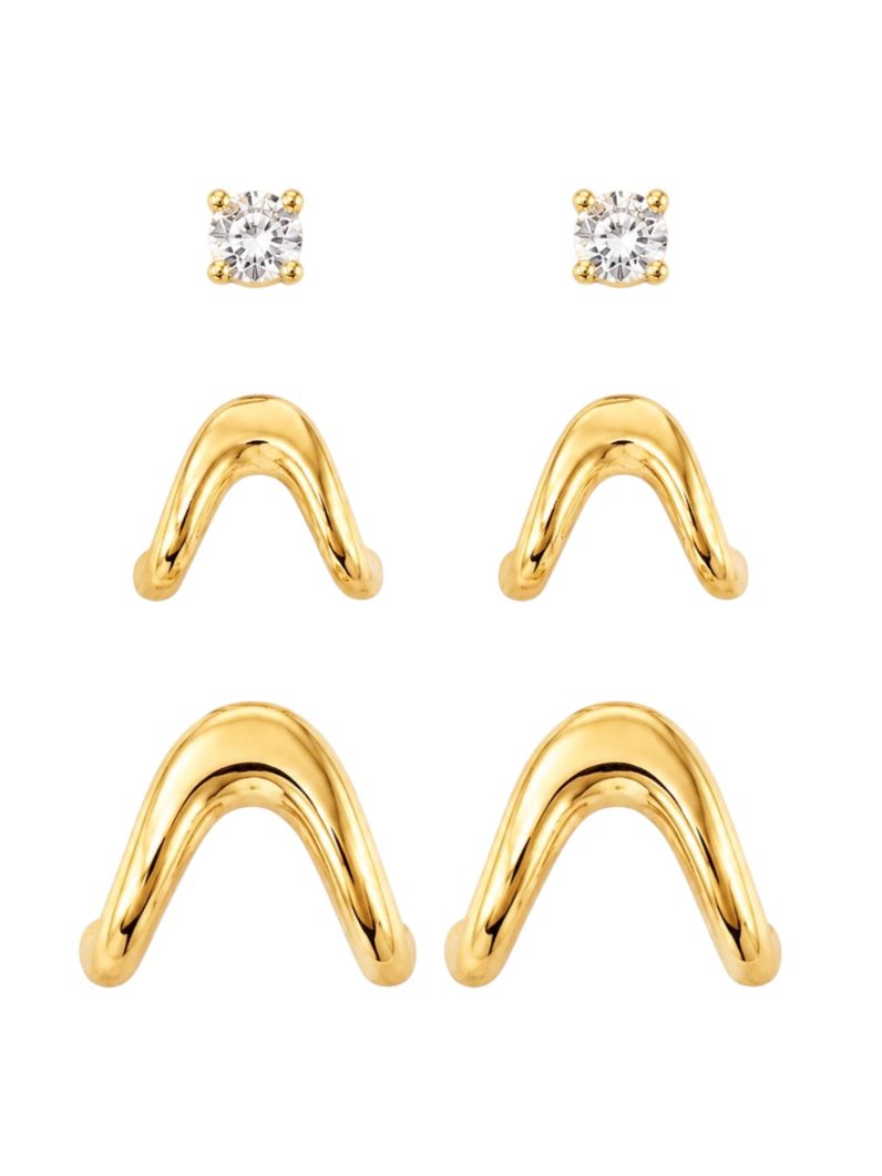 Trio de Brinco Folheado a Ouro 18k e Prata Formas Organicas e Ponto de Luz