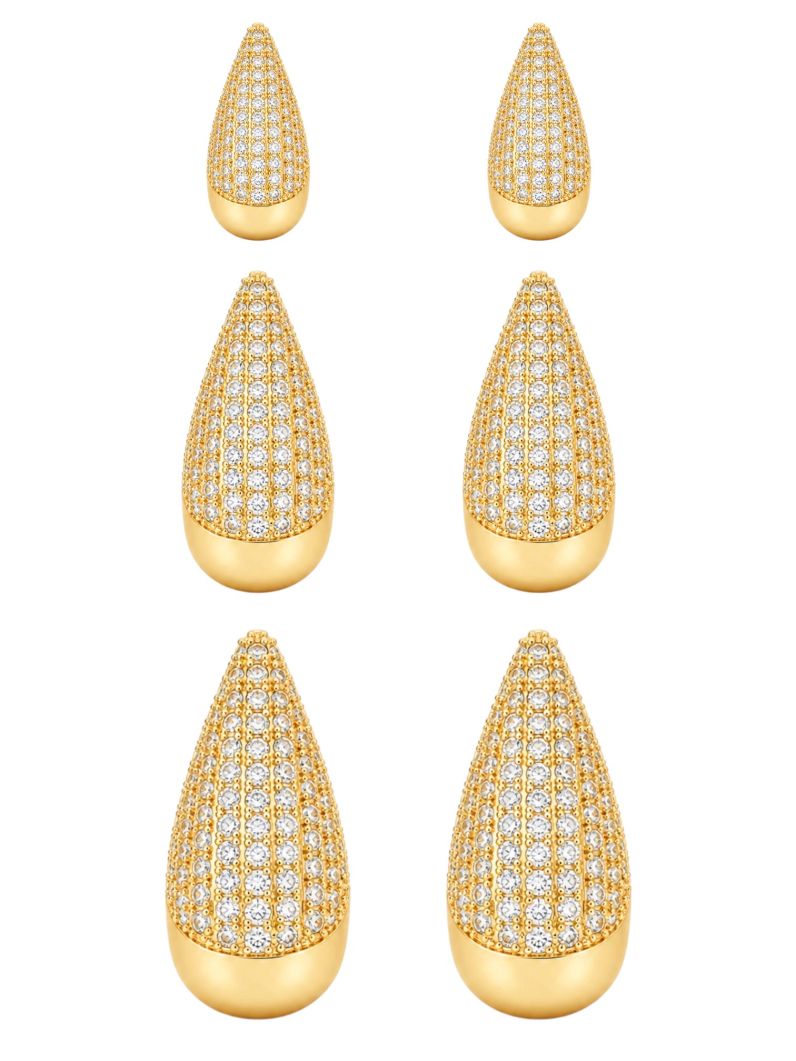 Trio de Brinco Folheado a Ouro 18k e Prata Gota Cravejada