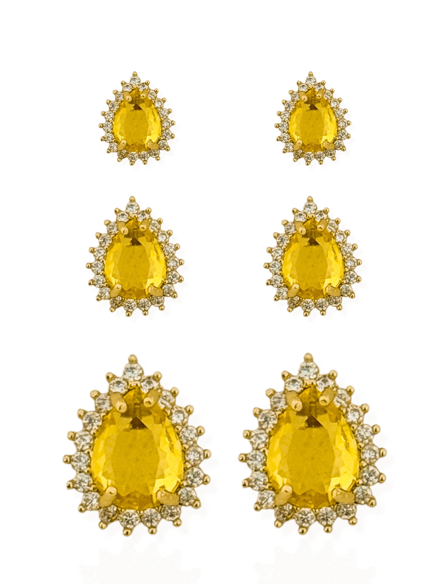 Trio de Brinco Folheado a Ouro 18k e Prata Gota Cristal Com Borda Cravejado