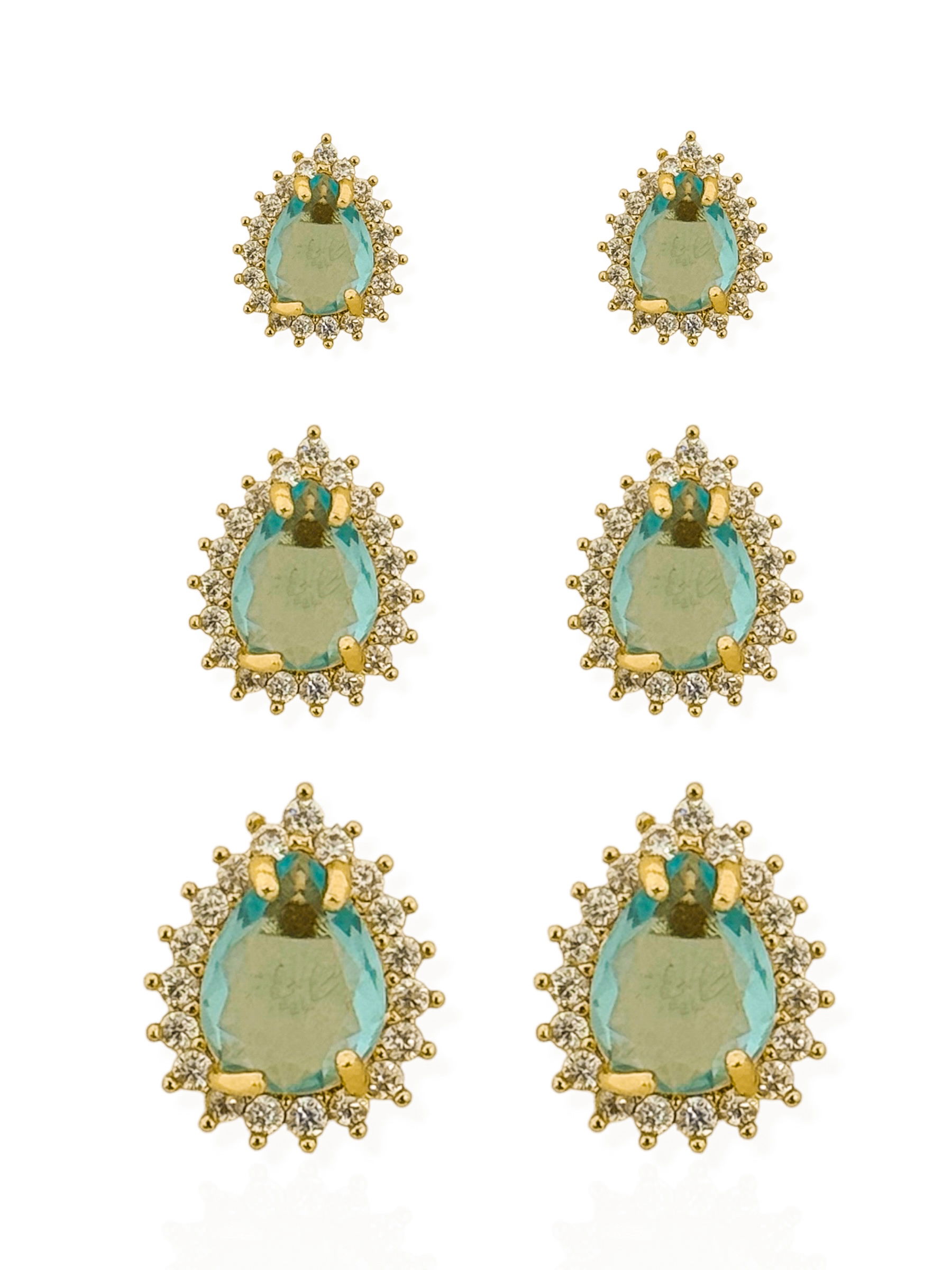 Trio de Brinco Folheado a Ouro 18k e Prata Gota Cristal Com Borda Cravejado