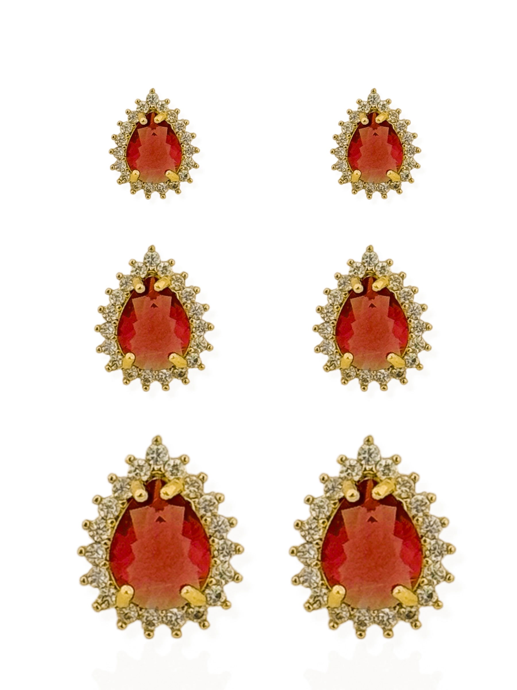 Trio de Brinco Folheado a Ouro 18k e Prata Gota Cristal Com Borda Cravejado