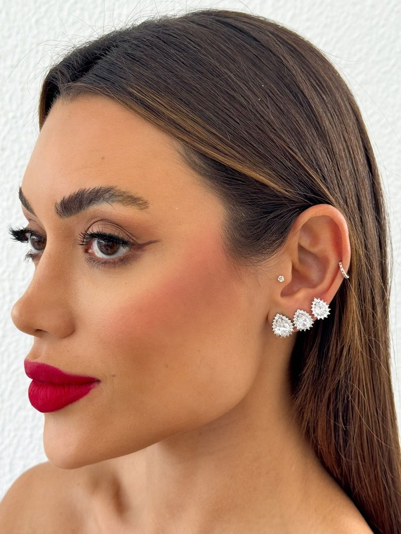 Trio de Brinco Folheado a Ouro 18k e Prata Gota Cristal Com Borda Cravejado