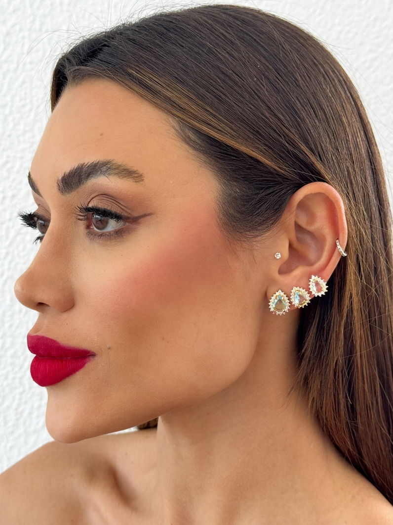 Trio de Brinco Folheado a Ouro 18k e Prata Gota Cristal Com Borda Cravejado