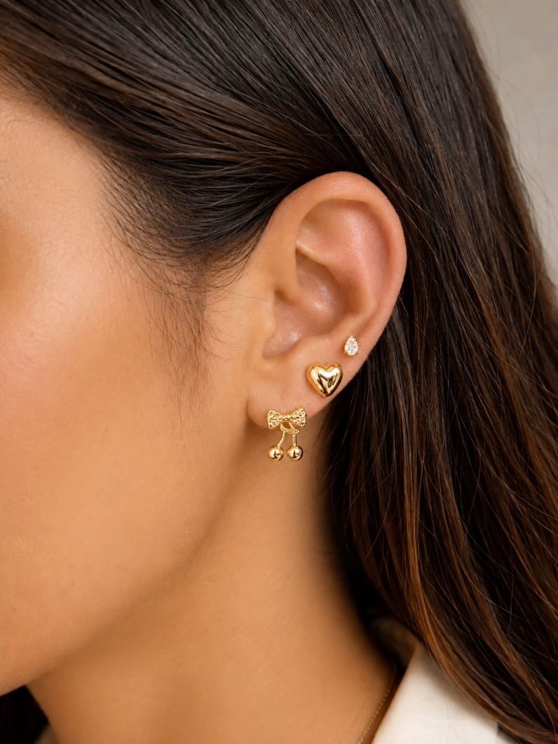 Trio de Brinco Folheado a Ouro 18k e Prata Gota Cristal Coração Lisa e Laço