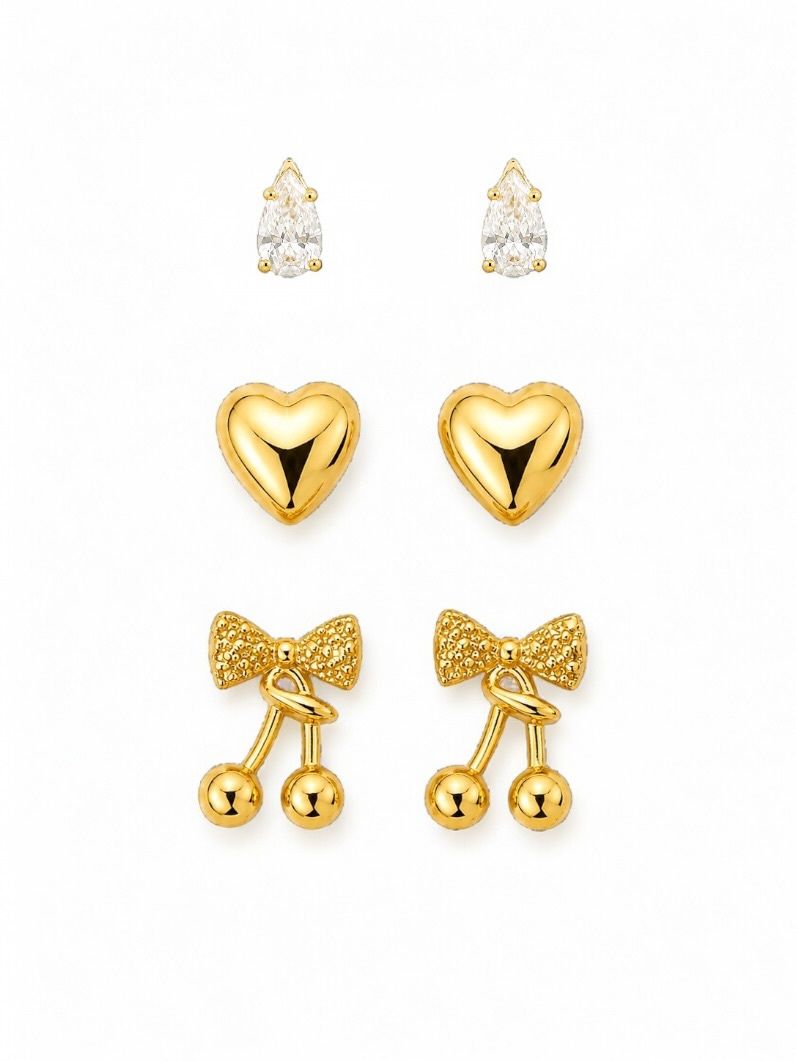 Trio de Brinco Folheado a Ouro 18k e Prata Gota Cristal Coração Lisa e Laço