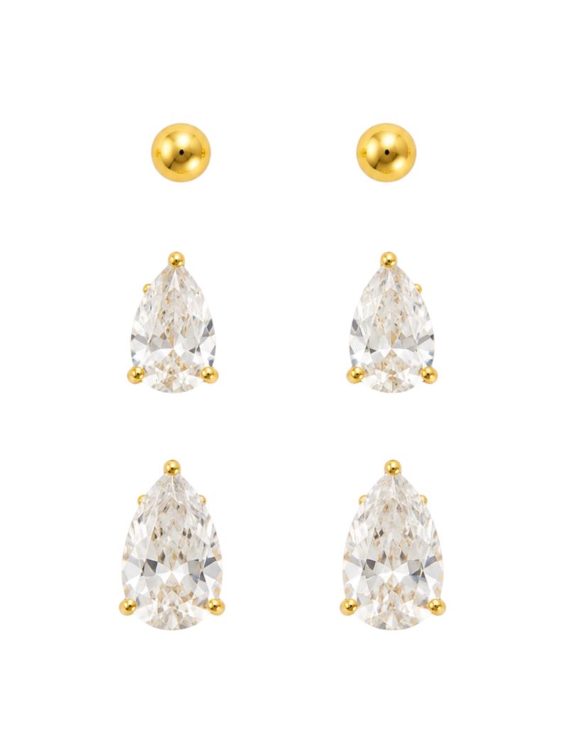 Trio de Brinco Folheado a Ouro 18k e Prata Gota Cristal e Esfera