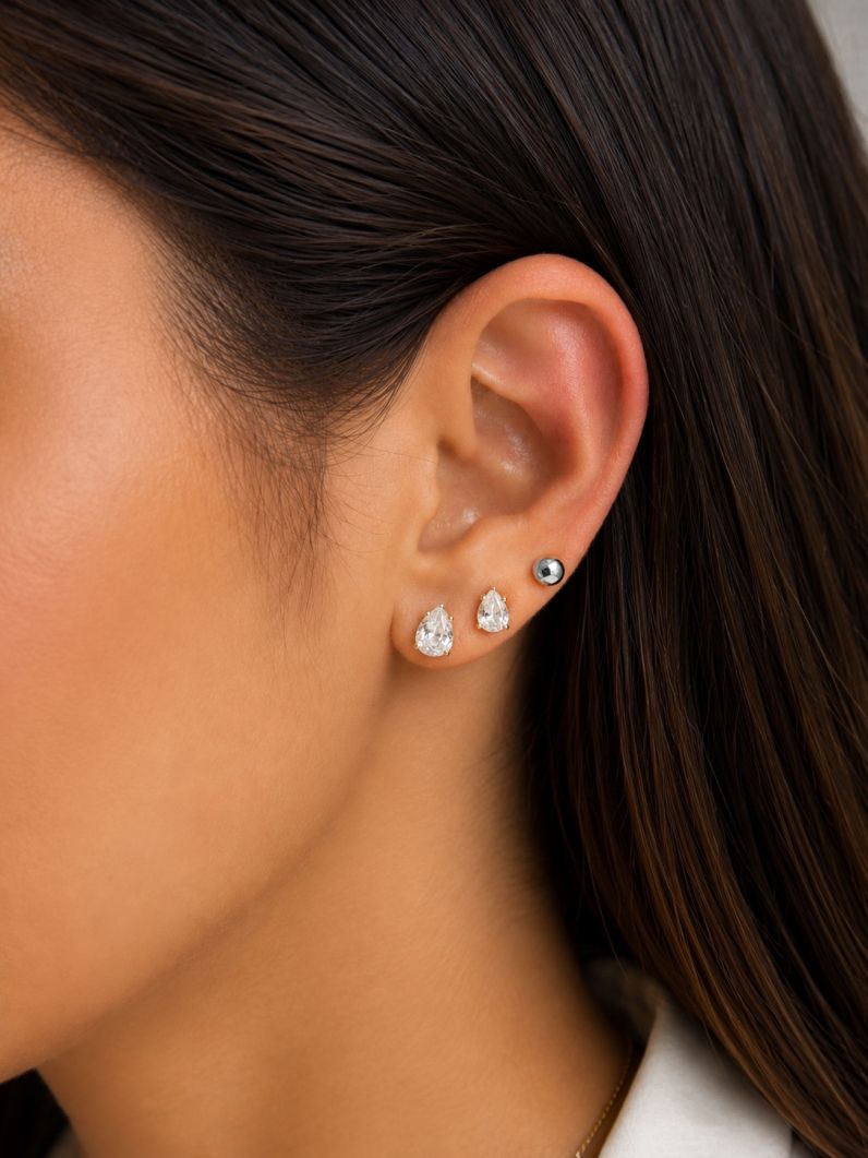 Trio de Brinco Folheado a Ouro 18k e Prata Gota Cristal e Esfera