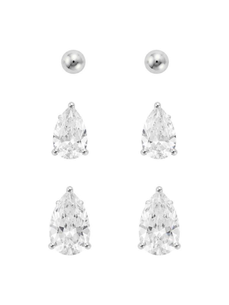 Trio de Brinco Folheado a Ouro 18k e Prata Gota Cristal e Esfera