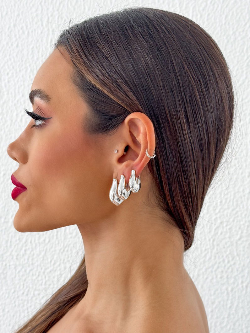 Trio de Brinco Folheado a Ouro 18k e Prata Gota Curvada