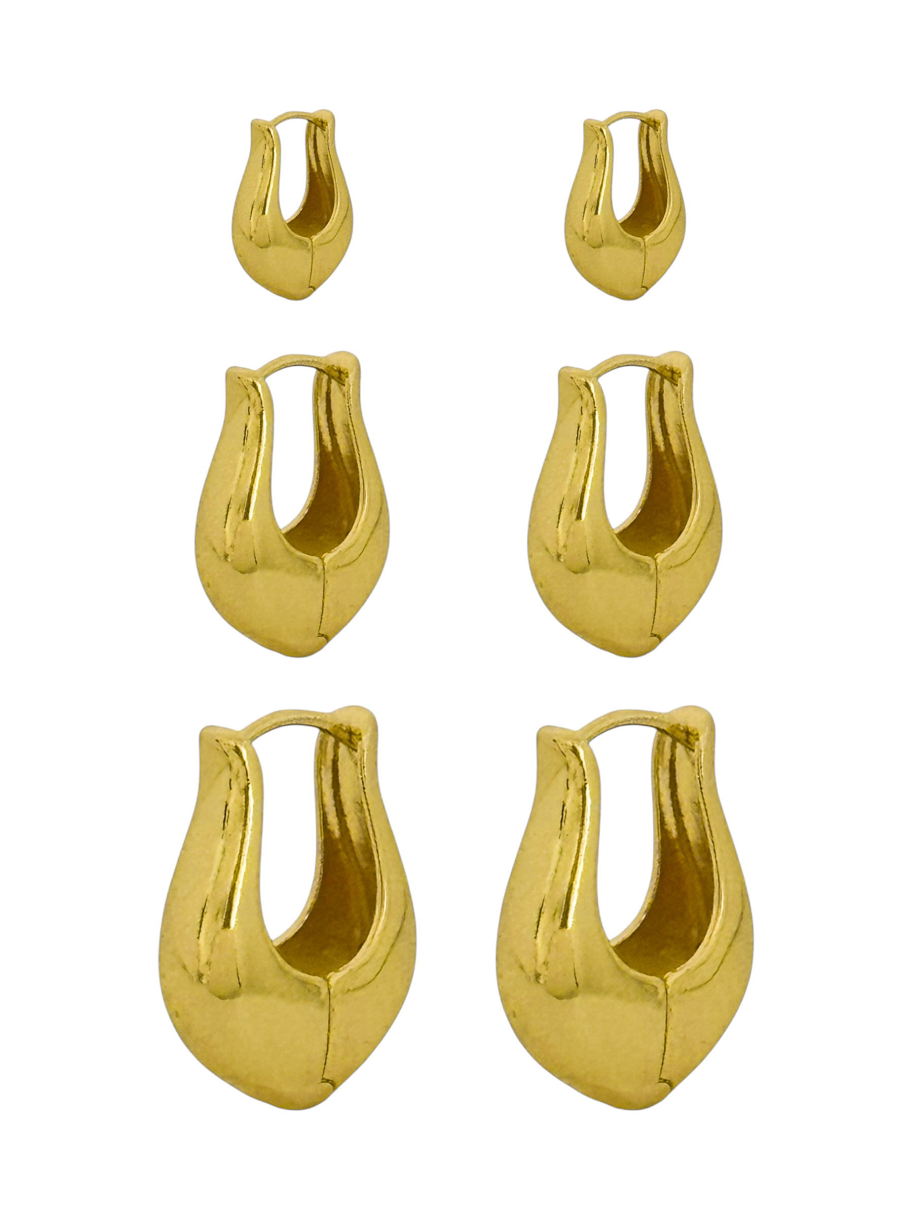 Trio de Brinco Folheado a Ouro 18k e Prata Gota Curvada