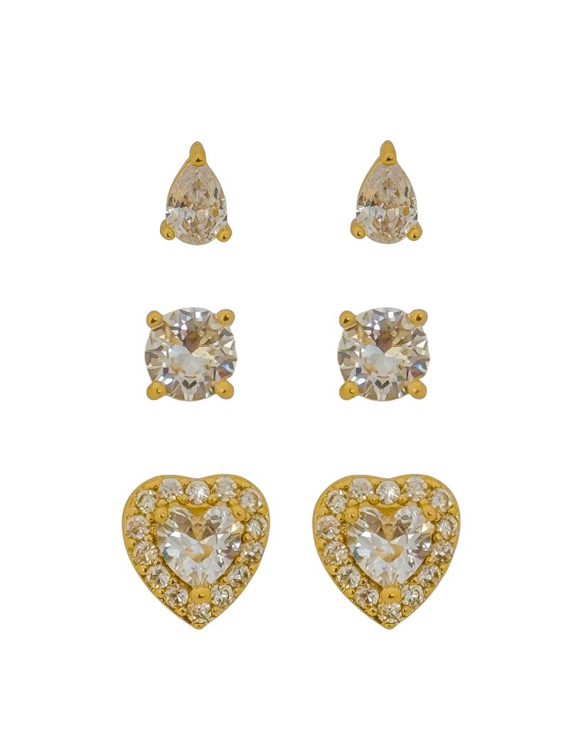 Trio de Brinco Folheado a Ouro 18k e Prata Gota, Ponto de Luz e Coração