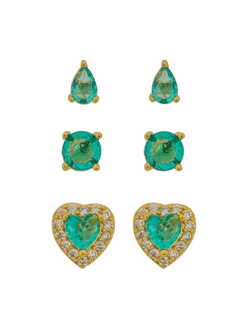 Trio de Brinco Folheado a Ouro 18k e Prata Gota, Ponto de Luz e Coração