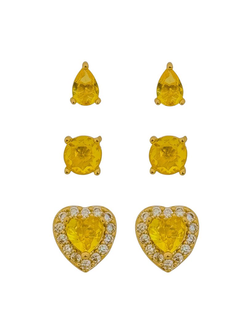 Trio de Brinco Folheado a Ouro 18k e Prata Gota, Ponto de Luz e Coração