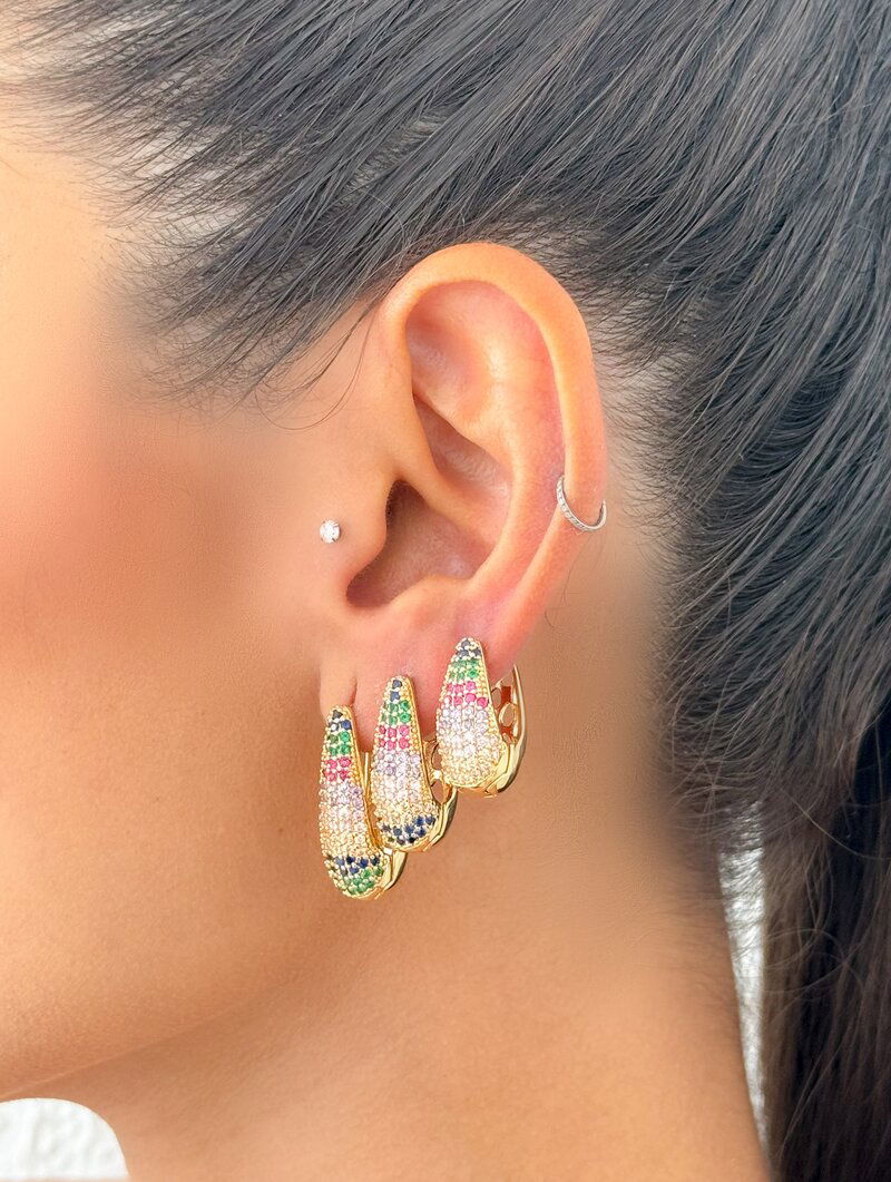 Trio de Brinco Folheado a Ouro 18k e Prata Gotas Cravejadas com Micro Zircônias