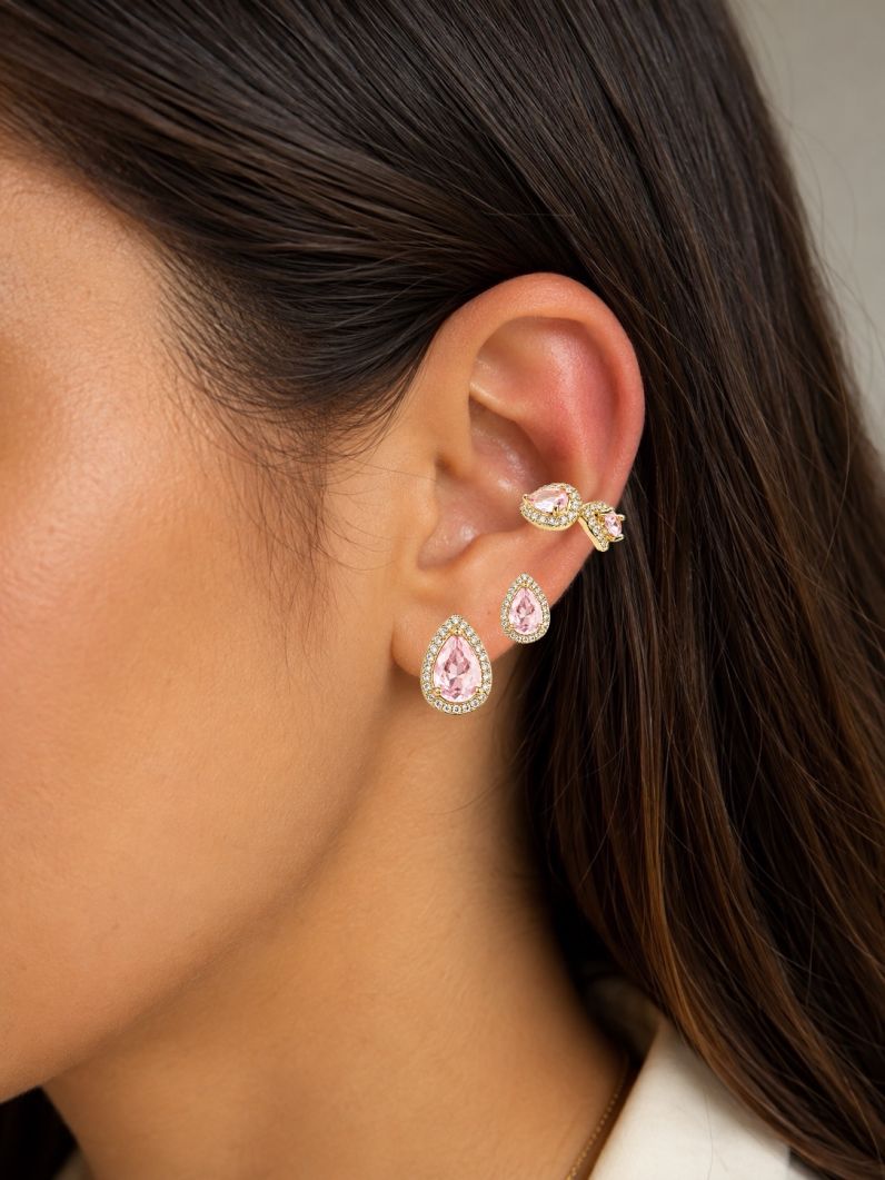Trio de Brinco Folheado a Ouro 18k e Prata Gotas de Cristal