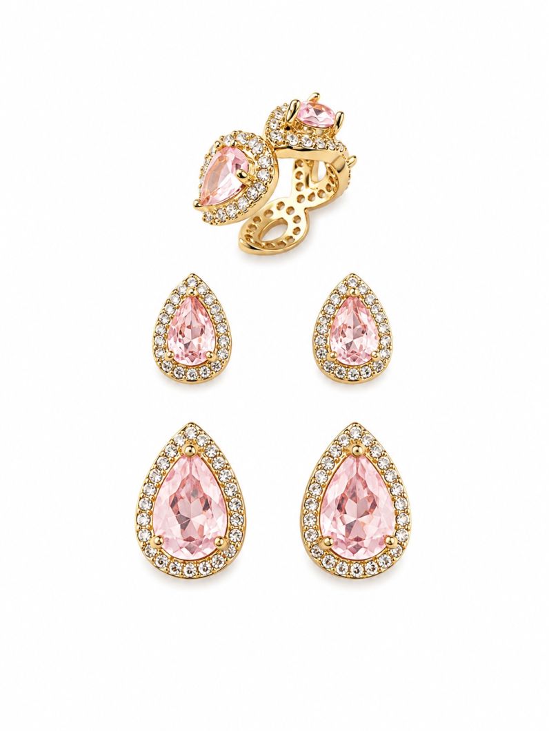 Trio de Brinco Folheado a Ouro 18k e Prata Gotas de Cristal